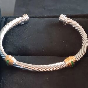 David Yurman Silver and Gold Bracelet with Green Accents Medium to Large Wrist.